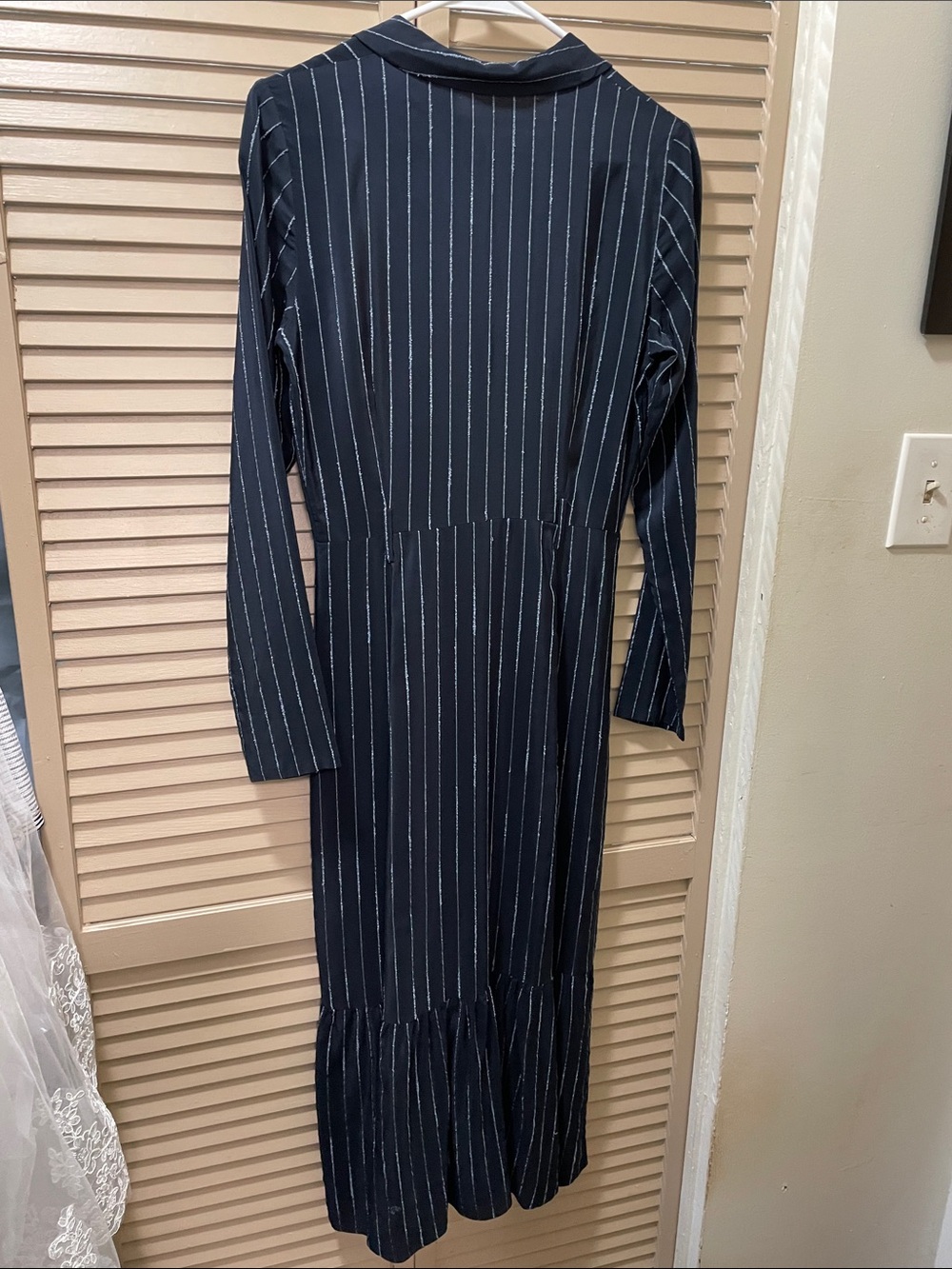 Striped Navy Button-Front Long Sleeve Midi Dress - Picture 3 of 4